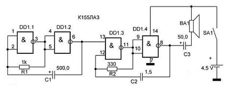 Схема генератора звука, имитирующего сирену, на основании логического элемента К155ЛАЗ